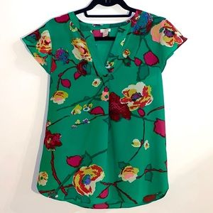 J.Crew Green Floral V-Neck Blouse